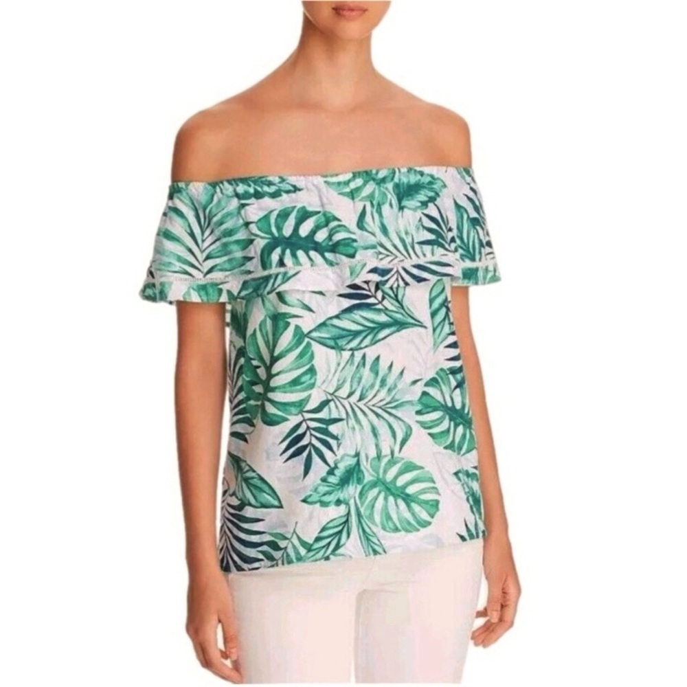 Tommy Bahama Off The Shoulder Green Leaf Palm Linen Blend Top Size S